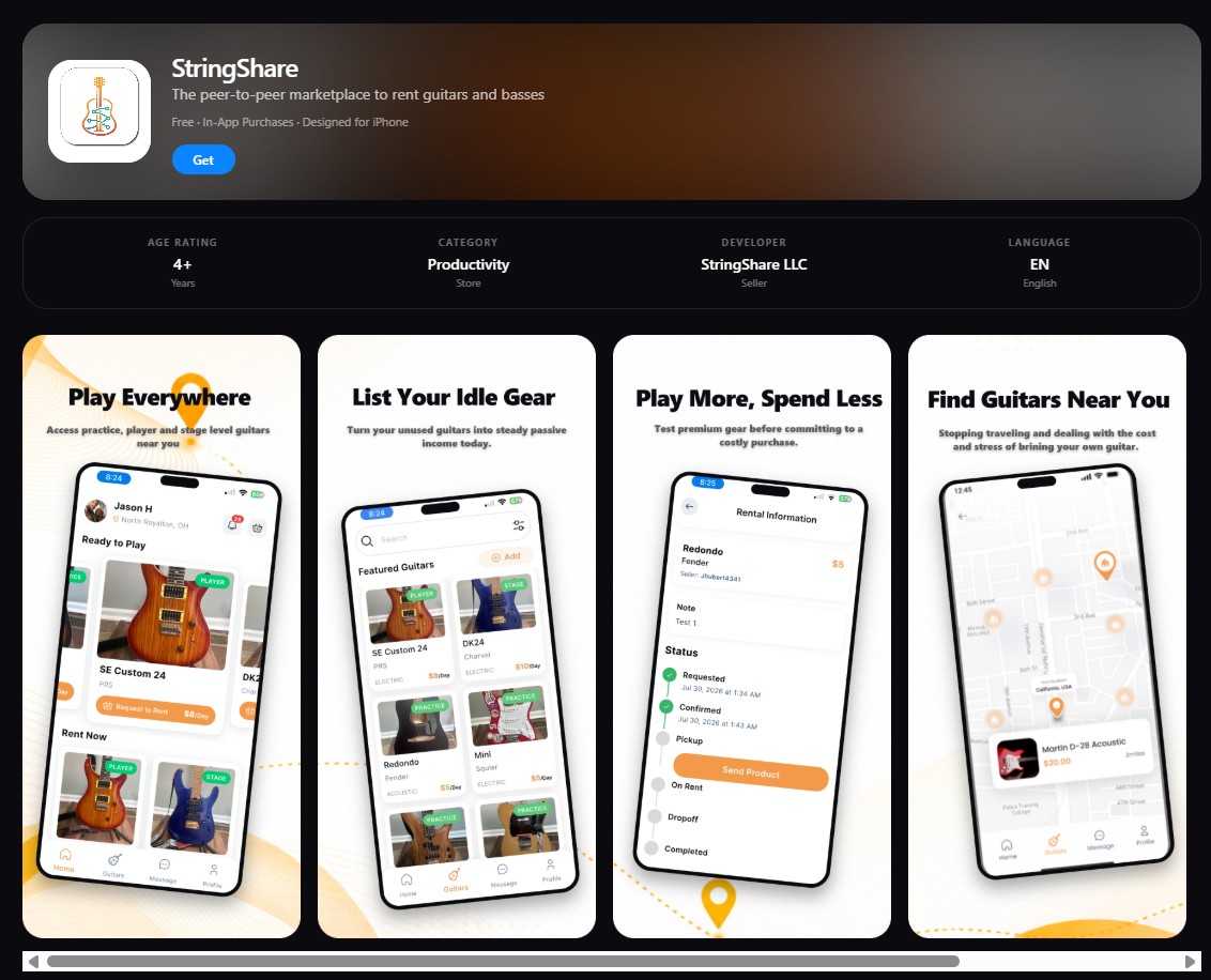 App Store product page preview generated by AppGenPro — Story Board, showing the StringShare listing with icon, metadata and four screenshots